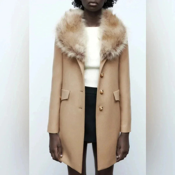 Zara Manteco Premium Wool Blend Tailored Camel Faux Fur Collar Coat - Picture 6 of 10